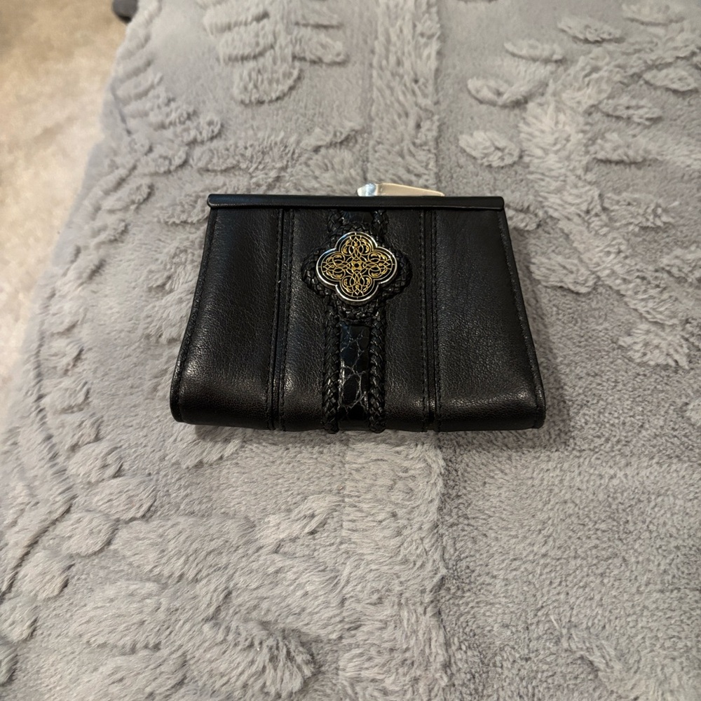 Black Leather Women's Coin Purse with Gold Decorative Emblem